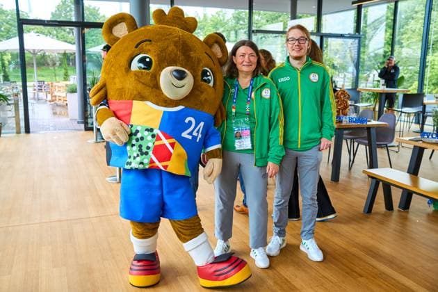 Munich, Bavaria, Germany - June 3, 2024: Philipp Lahm EM Ambassador in the Olympic Park in Munich with mascot Albärt and helpers of UEFA EURO, EM, Europameisterschaft,Fussball 2024