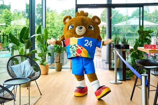 Munich, Bavaria, Germany - June 3, 2024: The official mascot of UEFA EURO, EM, Europameisterschaft,Fussball 2024 Albärt soccer poses at a press event in the Olympic Park in Munich