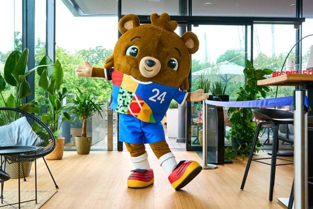Munich, Bavaria, Germany - June 3, 2024: The official mascot of UEFA EURO, EM, Europameisterschaft,Fussball 2024 Albärt soccer poses at a press event in the Olympic Park in Munich