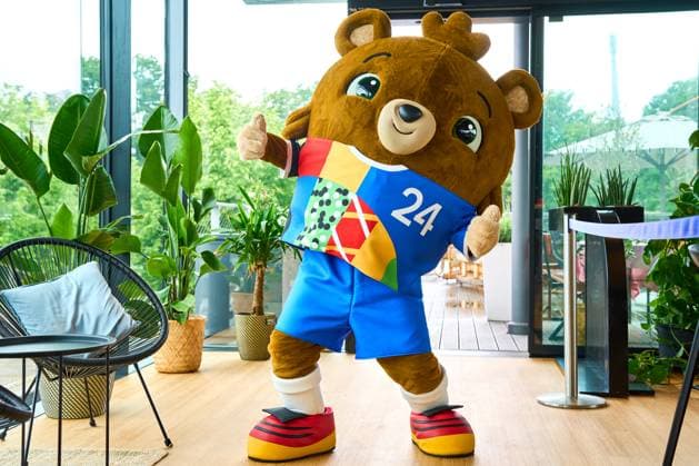 Munich, Bavaria, Germany - June 3, 2024: The official mascot of UEFA EURO, EM, Europameisterschaft,Fussball 2024 Albärt soccer poses at a press event in the Olympic Park in Munich