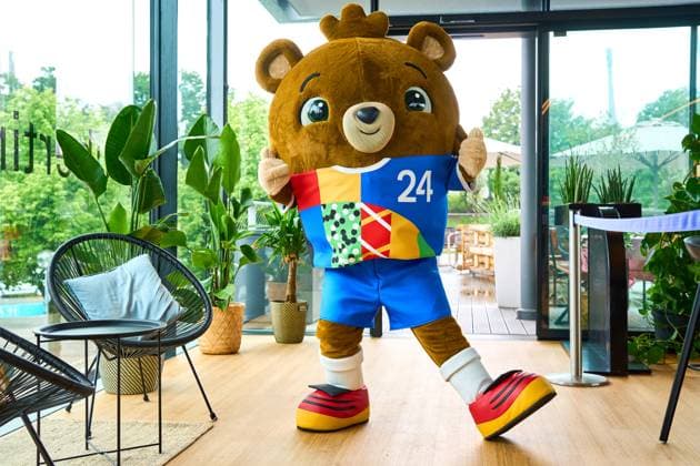 Munich, Bavaria, Germany - June 3, 2024: The official mascot of UEFA EURO, EM, Europameisterschaft,Fussball 2024 Albärt soccer poses at a press event in the Olympic Park in Munich