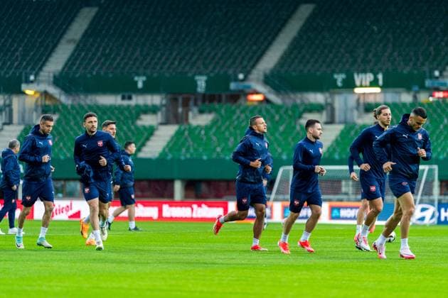 SOCCER - AUT vs SRB, test match VIENNA,AUSTRIA,03.JUN.24 - SOCCER - OEFB International Friendly, Länderspiel, Nationalmannschaft match, Austria vs Serbia, preview, training Team SRB. Image shows the team of SRB.  GEPAxpictures xJohannesxFriedl