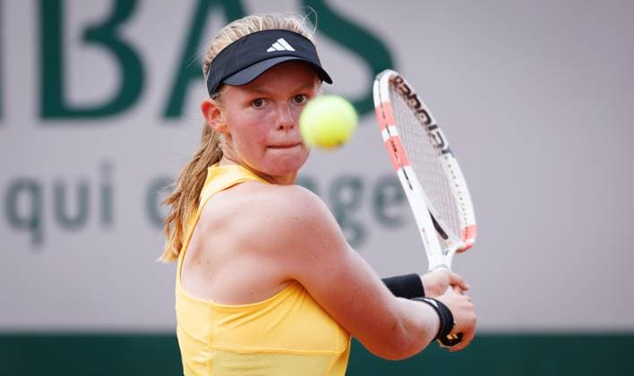 Belgian Jeline Vandromme pictured in action during a tennis match against Russian Golovina, in the first round of the women junior singles, at the Roland Garros French Open tennis tournament, in Paris, France, Monday 03 June 2024. This year s tournament takes place from 26 May to 09 June. BENOITxDOPPAGNE  x93905388x