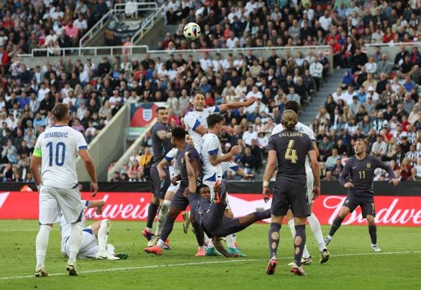 Newcastle Upon Tyne, England, 3rd June 2024. Ezri Konsa (C) of England is fouled for a penalty during the International Friendly, Länderspiel, Nationalmannschaft match between England and Bosnia-Herzegovina at St. James Park, Newcastle Upon Tyne. Picture credit should read: Nigel Roddis Sportimage EDITORIAL USE ONLY. No use with unauthorised audio, video, data, fixture lists, club league logos or live services. Online in-match use limited to 120 images, no video emulation. No use in betting, games or single club league player publications. SPI-3178-0020