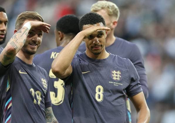 Newcastle Upon Tyne, England, 3rd June 2024. Trent Alexander-Arnold (R) of England celebrates scoring the second goal during the International Friendly, Länderspiel, Nationalmannschaft match between England and Bosnia-Herzegovina at St. James Park, Newcastle Upon Tyne. Picture credit should read: Nigel Roddis Sportimage EDITORIAL USE ONLY. No use with unauthorised audio, video, data, fixture lists, club league logos or live services. Online in-match use limited to 120 images, no video emulation. No use in betting, games or single club league player publications. SPI-3178-0028