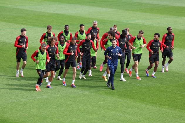 Belgium s players pictured during a training session of Belgian national soccer team Red Devils, at the Royal Belgian Football Association s training center in Tubize, Tuesday 04 June 2024. Tomorrow the Red Devils are playing a friendly game against Montenegro, in preparation of the upcoming Euro 2024 European Championships in Germany. VIRGINIExLEFOUR  x93931640x