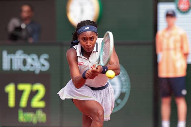 4th June 2024; Roland Garros, Paris, France; 2024 French Open Tennis tournament, Day 10; Coco Gauff (USA) on her forehand against Ons Jabeur (TUN)  ActionPlus12650731 JonxBromley