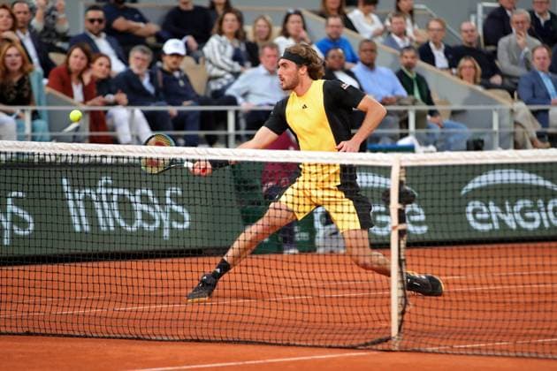 4th June 2024; Roland Garros, Paris, France; 2024 French Open Tennis tournament, Day 10; Stefano Tsitsipas (GRE) comes to the net to volley against Carlos Alcaraz (ESP)  ActionPlus12650921 JonxBromley