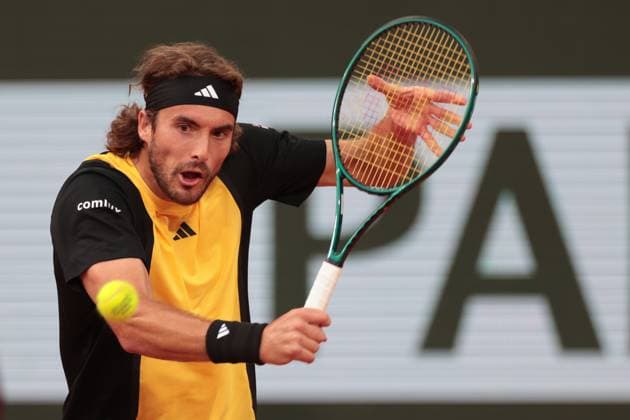 4th June 2024; Roland Garros, Paris, France; 2024 French Open Tennis tournament, Day 10; Stefano Tsitsipas (GRE) on his backhand against Carlos Alcaraz (ESP)  ActionPlus12650928 JonxBromley