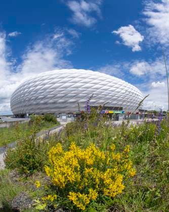 30.05.2024, Fussball Europameisterschaft 2024, Das EM-Stadion München Fußball Arena, so heisst die Allianz-Arena München während der EM, an der Fassade wurde bereits der urprüngliche Name abmontiert. Blumen blühen auf der Esplanade
