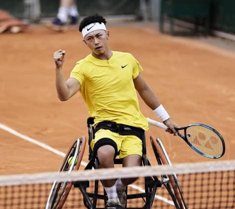 Tennis: French Open Tokito Oda of Japan reacts after winning the first set from Tom Egberink of the Netherlands in a men s wheelchair singles quarterfinal match at the French Open tennis tournament in Paris on June 5, 2024.  A14AA0002962233P