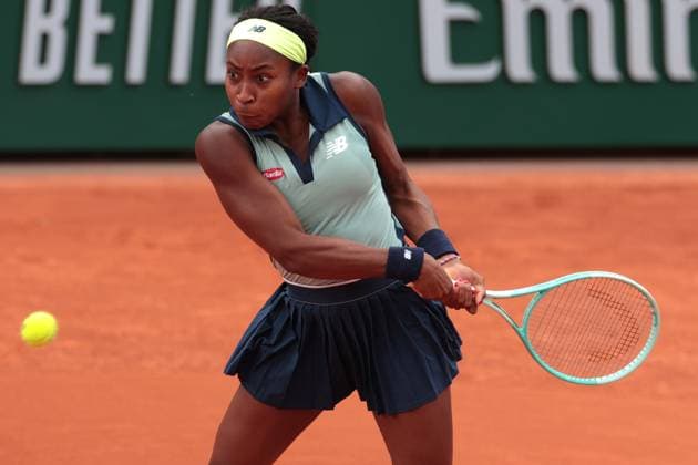 5th June 2024; Roland Garros, Paris, France; 2024 French Open Tennis tournament, Day 11; Katerina Siniakova (USA) and Coco Gauff (USA) playing a backhand, in their match against Miyu Kato (JPN) and Nadiia Kichenok (UKR)  ActionPlus12651064 JonxBromley