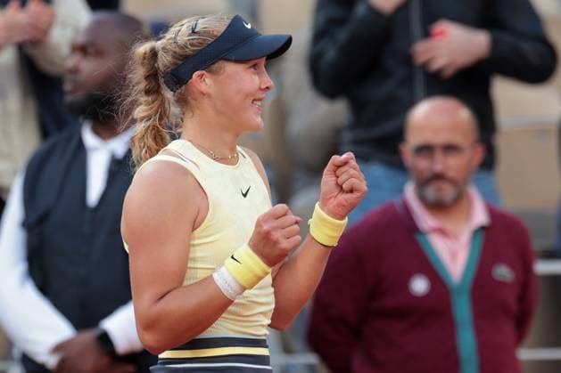 5th June 2024; Roland Garros, Paris, France; 2024 French Open Tennis tournament, Day 11; Mirra Andreeva (RUS) celebrates her win over Aryna Sabalenka (BLR)  ActionPlus12651091 JonxBromley