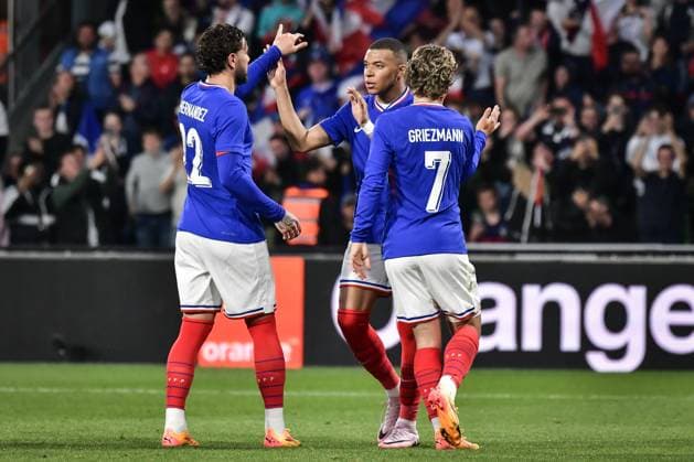 Friendly football match - France v Luxembourg French forward Kylian Mbappe celebrates scoring a goal with French forward Antoine Griezmann and French defender Theo Hernandez during a friendly football match between France and Luxembourg at the Stage Saint-Symphorien stadium in Metz on June 5, 2024. Photo by Firas Abdullah ABACAPRESS.COM Metz Lorraine France  Copyright: xAbdullahxFiras ABACAx