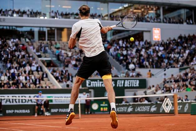 Alexander Zverev of Germany in action against Alex De Minaur of Australia during the Men™s Single Quarter Finals of 2024 French Open - Day 11 at Roland Garros on June 5, 2024 in Paris, France. (Photo by JustPictures) Paris Roland Garros France