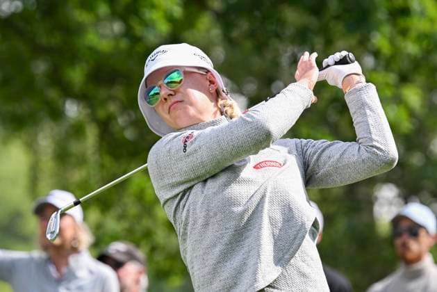 HELSINGBORG, SVERIGE 20240606 Sveriges Madelene Sagström slar ut pa hal 18 under Volvo Car Scandinavian Mixed pa Tournament Course pa Vasatorps Golfklubb utanför Helsingborg. HELSINGBORG SVERIGE x10030x