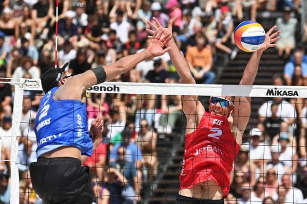 Matthew Immers of Netherlands, left, and David Schweiner of Czech Republic in action during the Pro Tour Ostrava match Ondrej Perusic and David Schweiner of Czech Republic vs Steven van de Velde and Matthew Immers of Netherlands, Ostrava, Czech Republic, June 6, 2024. (CTKxPhoto JaroslavxOzana) CTKPhotoP2024060603645  CTKPhotoP2024060603645