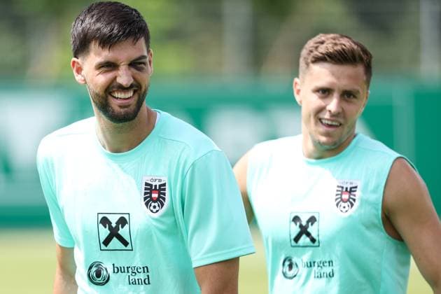 SOCCER - UEFA EURO, EM, Europameisterschaft,Fussball 2024 VIENNA,AUSTRIA,06.JUN.24 - SOCCER - UEFA European Championship, EM, Europameisterschaft preview, OEFB training camp, training. Image shows Florian Grillitsch and Christoph Baumgartner (AUT).  GEPAxpictures xArminxRauthner