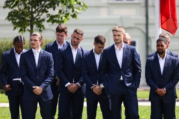 SOCCER - UEFA EURO, EM, Europameisterschaft,Fussball 2024 VIENNA,AUSTRIA,06.JUN.24 - SOCCER - UEFA European Championship, EM, Europameisterschaft preview, farewell ceremony OEFB Team. Image shows David Alaba, Marcel Sabitzer, Michael Gregoritsch, Marko Arnautovic, Christoph Baumgartner, Stefan Posch, Konrad Laimer and Philipp Mwene (AUT). GEPAxpictures xArminxRauthner