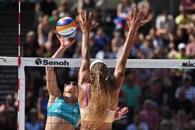 L-R Barbora Hermannova (CZE), Brandie Wilkerson (CAN) in action during the Pro Tour Ostrava match Marie-Sara Stochlova and Barbora Hermannova of Czech Republic vs Melissa Humana-Paredes and Brandie Wilkerson of Canada, Ostrava, Czech Republic, June 6, 2024. (CTKxPhoto JaroslavxOzana) CTKPhotoP2024060606328  CTKPhotoP2024060606328