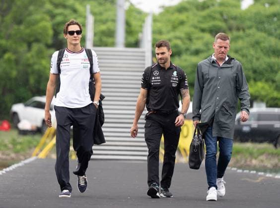 June 6, 2024, Montreal, Qc, CANADA: Mercedes driver George Russell, left, of Great Britain arrives at the Canadian Grand Prix Thursday, June 6, 2024 in Montreal. Canada News - June 6, 2024  - ZUMAc35_ 20240606_zaf_c35_078 Copyright: xChristinnexMuschix