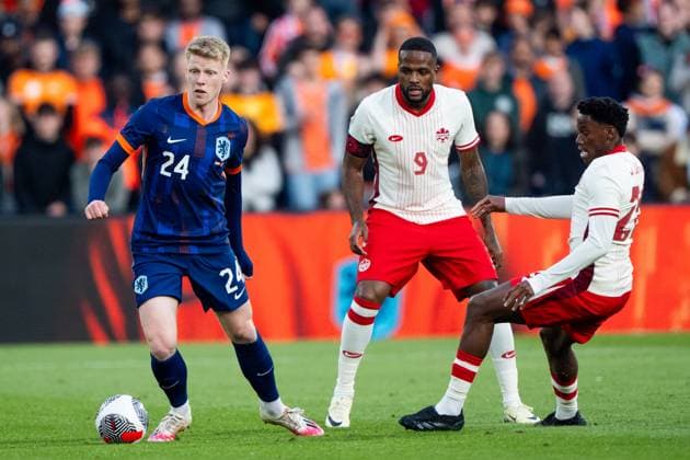 Eredivisie: {event} Rotterdam - Jerdy Schouten of Netherlands , Cyle Larin during the Friendly match between The Netherlands and Canada at De Kuip on 06 June 2024 in Rotterdam, The Netherlands. (Box 2 Box Tom Bode) Copyright: xTomxBodex