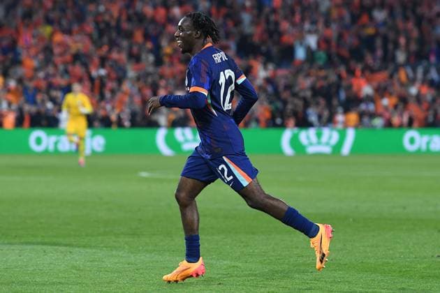 Fußball Länderspiel Niederlande - Kanada am 06.06.2024 im Feyenoord Stadium in Rotterdam Torjubel zum 2:0 durch Jeremie Frimpong ( Niederlande )