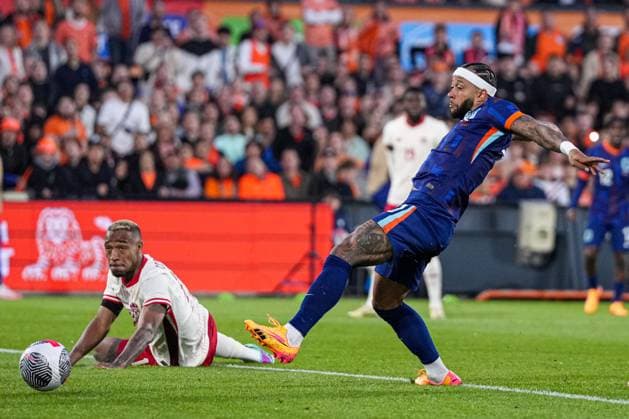 2024-06-06 Netherlands v Canada - Friendly International ROTTERDAM, NETHERLANDS - JUNE 6: Memphis Depay of Netherlands scores the first goal during the Friendly international match, Länderspiel, Nationalmannschaft between Netherlands and Canada at Stadion Feijenoord de Kuip on June 6, 2024 in Rotterdam, Netherlands. (Photo by Patrick Goosen BSR Agency) Rotterdam Netherlands Content not available for redistribution in The Netherlands directly or indirectly through any third parties. Copyright: xBSRxAgencyx