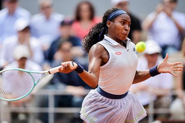 Coco Gauff of United States plays a backhand against Iga Swiatek of Poland during the Women™s Single Semi Finals of 2024 French Open - Day 12 at Roland Garros on June 6, 2024 in Paris, France. (Photo by JustPictures) Paris Roland Garros France