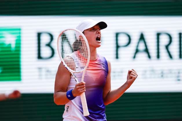 Iga Swiatek of Poland celebrates after winning her match against Coco Gauff of United States during the Women™s Single Semi Finals of 2024 French Open - Day 12 at Roland Garros on June 6, 2024 in Paris, France. (Photo by JustPictures) Paris Roland Garros France