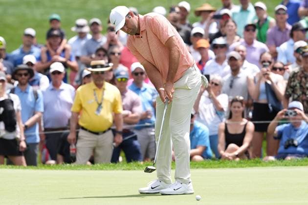 DUBLIN, OH - JUNE 06: Scottie Scheffler putts one hole nine during the first round of the Memorial Tournament presented by Workday on June 6, 2024 at Muirfield Village Golf Club in Dublin, Ohio. (Photo by Jason Mowry Icon Sportswire) GOLF: JUN 06 PGA, Golf Herren the Memorial Tournament presented by Workday EDITORIAL USE ONLY Icon240606067
