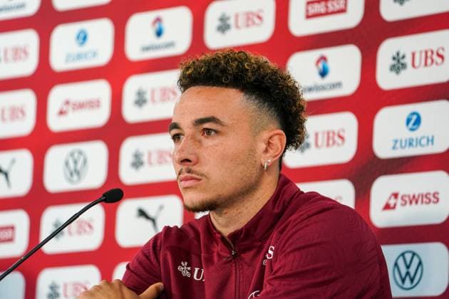 St. Gallen, Schweiz: Pressekonferenz der Schweizer Nationalmannschaft mit Nati-Trainer Murat Yakin und Nationalspieler Ruben Vergas vor dem letzten Testspiel gegen Österreich. UEFA EURO, EM, Europameisterschaft,Fussball 2024, Fußball, Länderspiel, Medienkonferenz, PK, Kybunpark Copyright: xJoeranxSteinsiekx