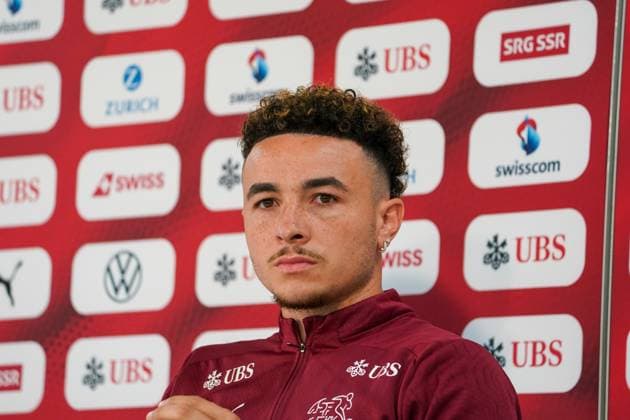 St. Gallen, Schweiz: Pressekonferenz der Schweizer Nationalmannschaft mit Nati-Trainer Murat Yakin und Nationalspieler Ruben Vergas vor dem letzten Testspiel gegen Österreich. UEFA EURO, EM, Europameisterschaft,Fussball 2024, Fußball, Länderspiel, Medienkonferenz, PK, Kybunpark Copyright: xJoeranxSteinsiekx