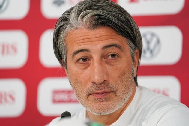 St. Gallen, Schweiz: Pressekonferenz der Schweizer Nationalmannschaft mit Nati-Trainer Murat Yakin und Nationalspieler Ruben Vergas vor dem letzten Testspiel gegen Österreich. UEFA EURO, EM, Europameisterschaft,Fussball 2024, Fußball, Länderspiel, Medienkonferenz, PK, Kybunpark Copyright: xJoeranxSteinsiekx