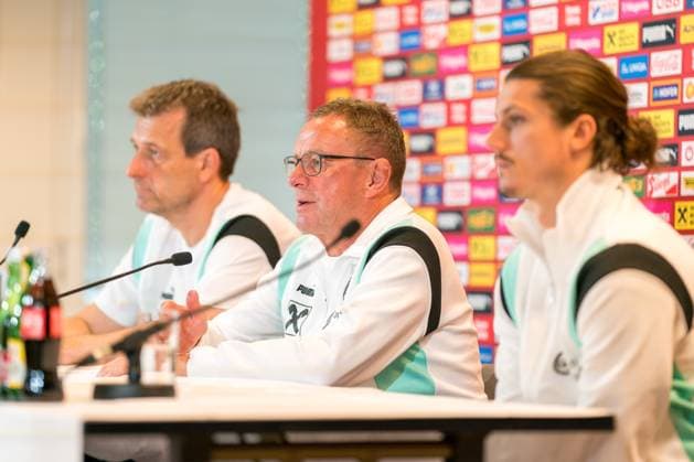 SOCCER - SUI vs AUT, test match VIENNA,AUSTRIA,07.JUN.24 - SOCCER - OEFB International Friendly, Länderspiel, Nationalmannschaft match, Switzerland vs Austria, preview, press conference, PK, Pressekonferenz Team AUT. Image shows head coach Ralf Rangnick (AUT) and Marcel Sabitzer (AUT). GEPAxpictures xJohannesxFriedl