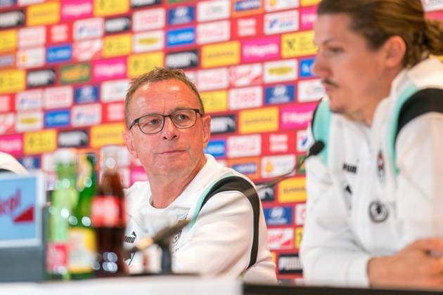 SOCCER - SUI vs AUT, test match VIENNA,AUSTRIA,07.JUN.24 - SOCCER - OEFB International Friendly, Länderspiel, Nationalmannschaft match, Switzerland vs Austria, preview, press conference, PK, Pressekonferenz Team AUT. Image shows head coach Ralf Rangnick (AUT) and Marcel Sabitzer (AUT). GEPAxpictures xJohannesxFriedl