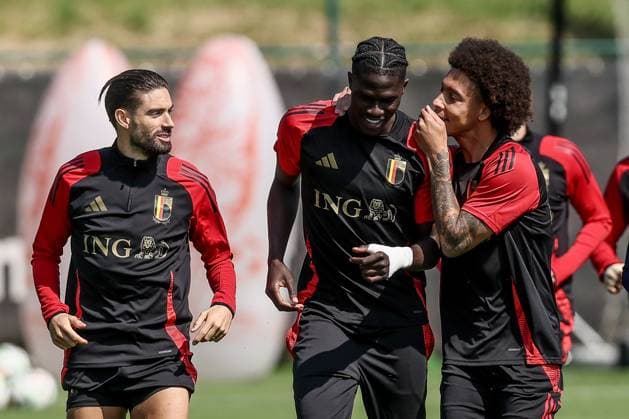 Belgium s Amadou Onana and Belgium s Axel Witsel pictured during a training session of the Belgian national soccer team Red Devils, at the Royal Belgian Football Association s training center in Tubize, Friday 07 June 2024. The Red Devils are preparing for the Euro 2024 European Championships in Germany. BRUNOxFAHY  x94098040x