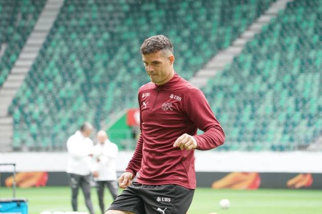 Fussball - St. Gallen, Schweiz: Abschusstraining Nationalteam Schweiz. Training vor dem letzten Testspiel gegen Österreich im Kybunpark. SUI, AUT, Freundschaftsspiel, UEFA EURO, EM, Europameisterschaft,Fussball 2024, Nati Suisse: Granit Xhaka St. Gallen Kybunpark Schweiz Copyright: xJoeranxSteinsiekx