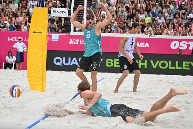 L-R Jakub Sepka, Jiri Sedlak (CZE), Sven Winter (GER) in action during the Pro Tour Ostrava match Jiri Sedlak and Jakub Sepka of Czech Republic vs Lukas Pfretzschner and Sven Winter of Germany, Ostrava, Czech Republic, June 7, 2024. (CTKxPhoto JaroslavxOzana) CTKPhotoP2024060704873  CTKPhotoP2024060704873