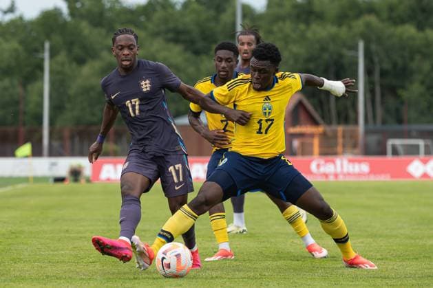240607 Martial Godo of England and Zeidane Inoussa of Sweden during the under-21 International Friendly, Länderspiel, Nationalmannschaft football match between Sweden and England on June 7, 2024 in Zagreb. Photo: Nikola Krstic BILDBYRAN COP 307 NK0014 fotboll football soccer fotball träningslandskamp international friendly sverige sweden england bbeng U21, U 21 under-21 Copyright: NIKOLAxKRSTIC BB240607BB804
