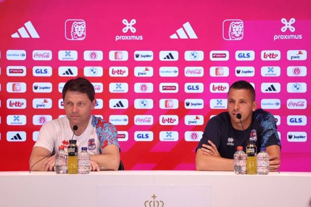 Luxembourg s head coach Luc Holtz and Luxembourg s goalkeeper Anthony Moris pictured during a press conference, PK, Pressekonferenz of the Luxembourg national soccer team, at the King Baudouin stadium in Brussels, Friday 07 June 2024. Luxembourg will play against Belgian national soccer team Red Devils on Saturday in preparation of the Euro 2024 European Championships in Germany. VIRGINIExLEFOUR  x94129839x