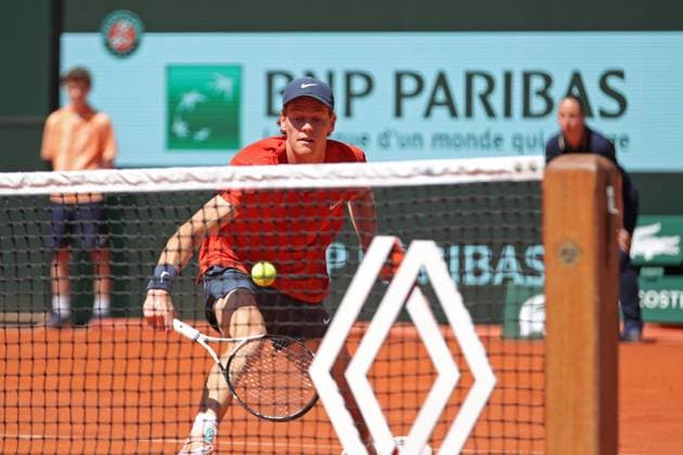 7th June 2024; Roland Garros, Paris, France; 2024 French Open Tennis tournament, Day 13; Jannik Sinner (ITA) comes to the net against Carlos Alcaraz (ESP) mens singles semi-final match  ActionPlus12651480 JonxBromley