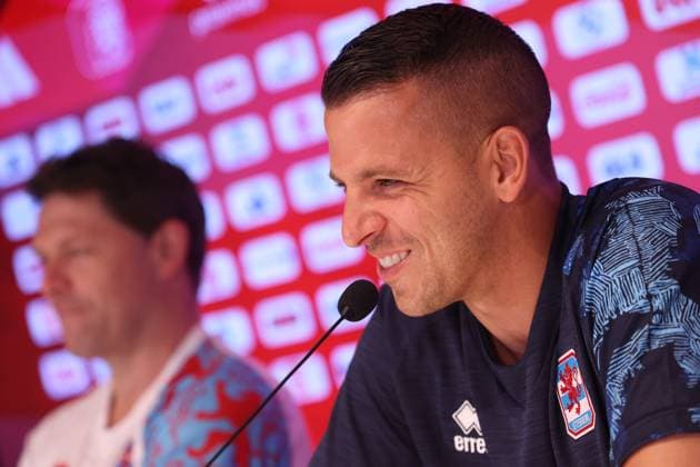 Luxembourg s head coach Luc Holtz and Luxembourg s goalkeeper Anthony Moris pictured during a press conference, PK, Pressekonferenz of the Luxembourg national soccer team, at the King Baudouin stadium in Brussels, Friday 07 June 2024. Luxembourg will play against Belgian national soccer team Red Devils on Saturday in preparation of the Euro 2024 European Championships in Germany. VIRGINIExLEFOUR  x94132140x