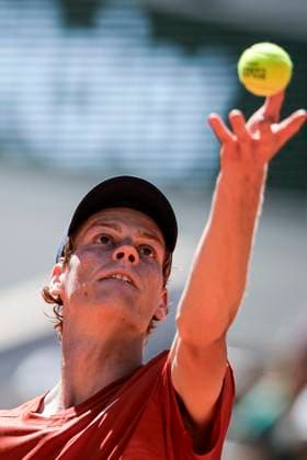 Jannik Sinner of Italy serves the ball against Carlos Alcaraz of Spain during the Men™s Singles Semi Finals of 2024 French Open - Day 13 at Roland Garros on June 7, 2024 in Paris, France. (Photo by JustPictures) Paris Roland Garros France