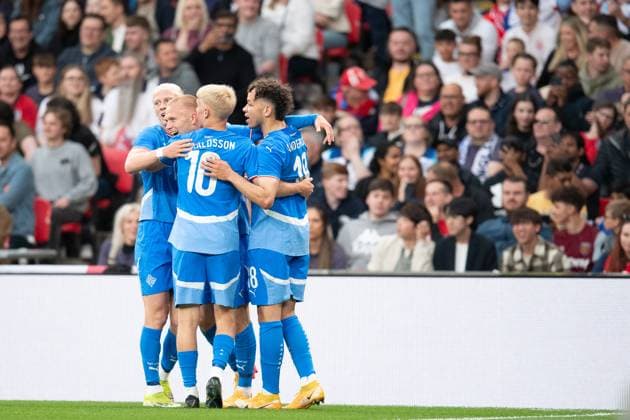 Iceland celebrate their first goal during the international match, Länderspiel, Nationalmannschaft between England and Iceland at Wembley Stadium, London, England on 7 June 2024. Copyright: xGrantxWinterx 41140018