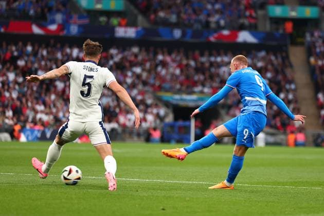 7th June 2024; Wembley Stadium, London, England; International Football Friendly, England versus Iceland; Jon Dagur Thorsteinsson of Iceland shoots and scores for 0-1 in the 12th minute  ActionPlus12651587 ShaunxBrooks
