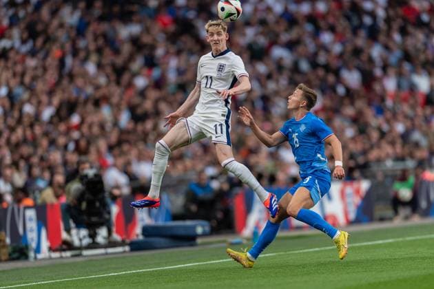 Anthony Gordon of England rises highest during the international match, Länderspiel, Nationalmannschaft between England and Iceland at Wembley Stadium, London, England on 7 June 2024. Copyright: xGrantxWinterx 41140020