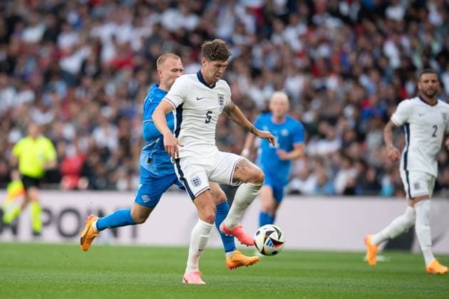 John Stones of England plays a pass during the international match, Länderspiel, Nationalmannschaft between England and Iceland at Wembley Stadium, London, England on 7 June 2024. Copyright: xGrantxWinterx 41140028