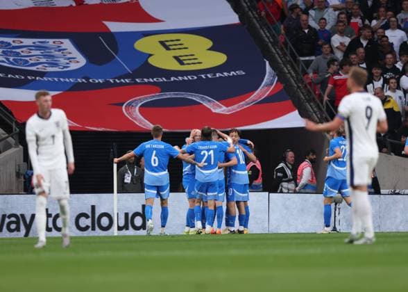 Iceland celebrate scoring their first goal (0-1) at the England v Iceland friendly match, at Wembley Stadium, London, UK on 7th June, 2024. 