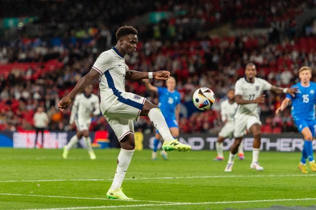 Bukayo Saka of England plays the ball across goal during the international match, Länderspiel, Nationalmannschaft between England and Iceland at Wembley Stadium, London, England on 7 June 2024. Copyright: xGrantxWinterx 41140068